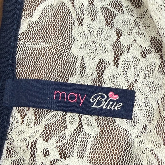 May Blue Navy Owl Graphic Lace Back Boho Top Short Sleeve Casual Tee Shirt - Picture 7 of 9